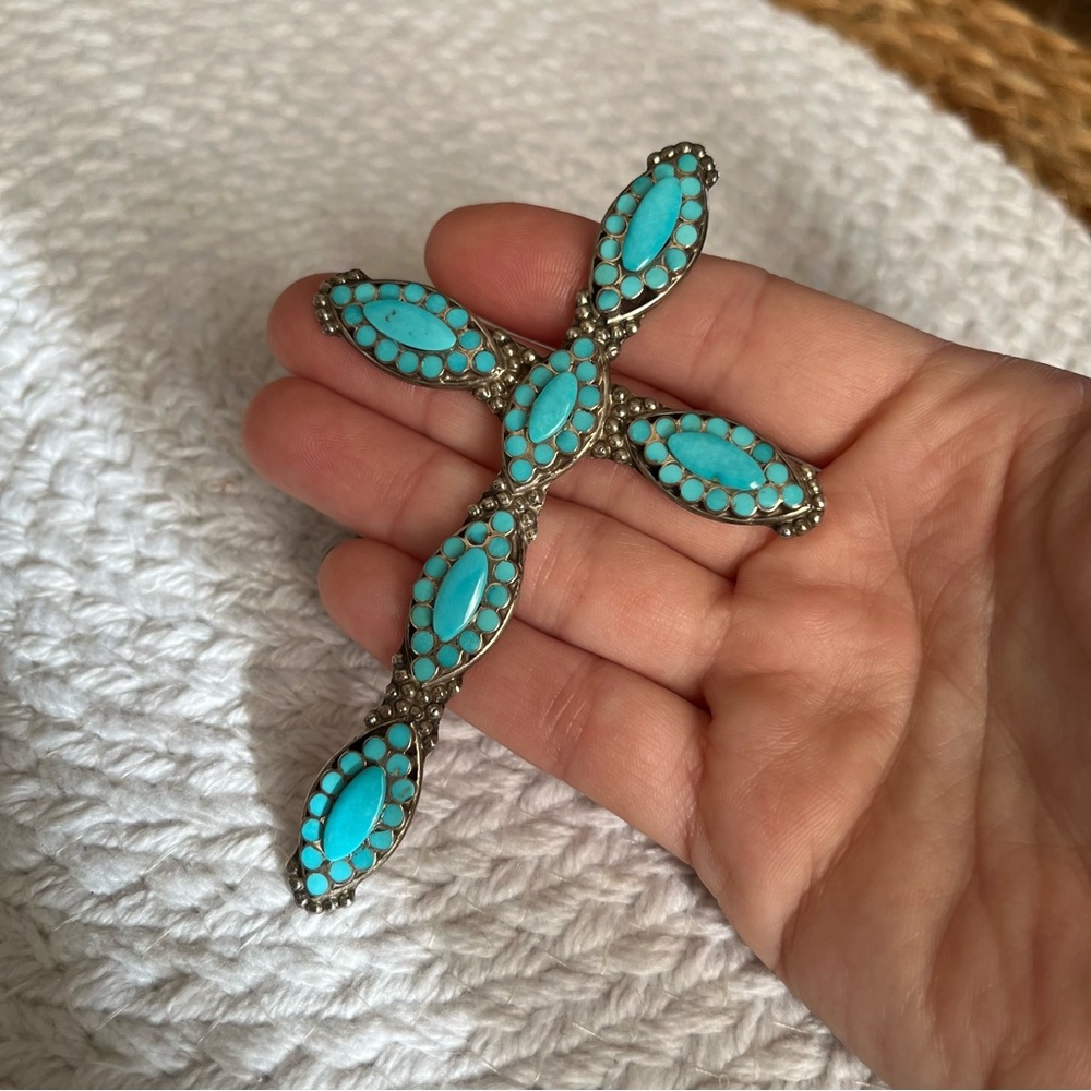 Large N Dishta Zuni Turquoise Cross Pendant Sterling Silver Inlay Navajo NM Vtg - Picture 1 of 15